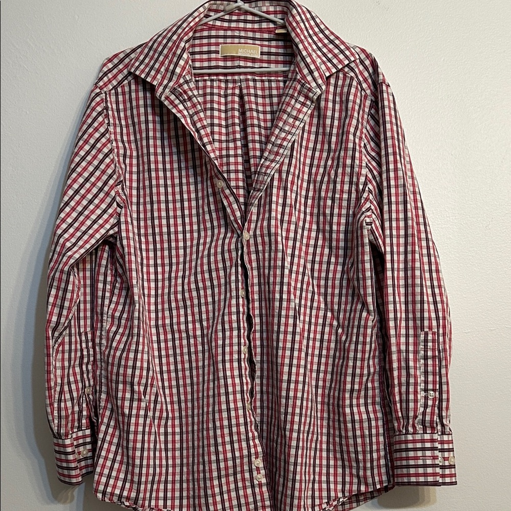 Michael Kors Red and White Plaid Dress Shirt